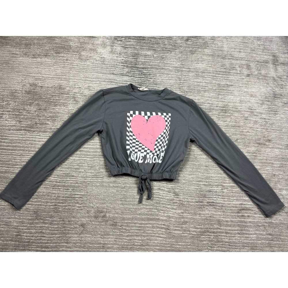 Love Dazed Crop Top Womens Medium Gray Love More Heart Checkered Long Sleeve